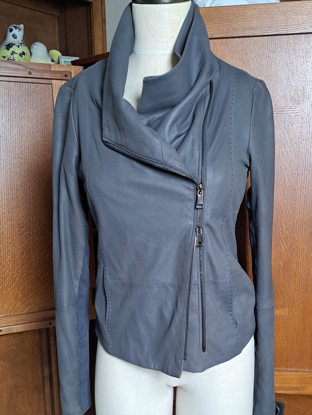 Vince Gray Goat Leather Asymmetrical Moto Scuba Jacket Size S